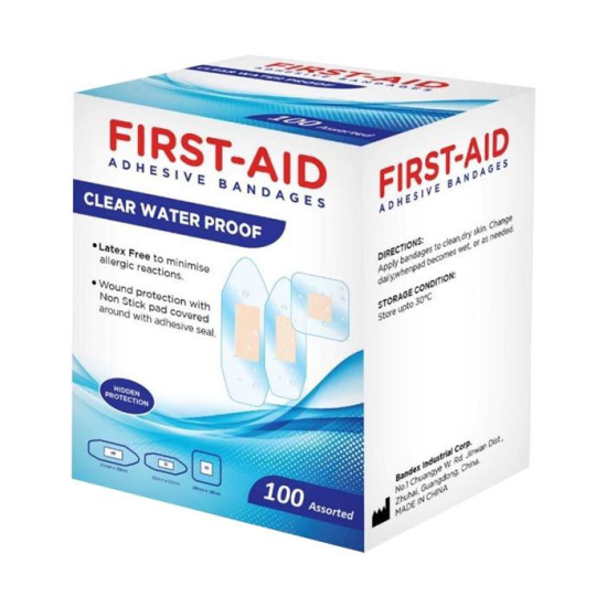 First Aid Clear Water Proof Bandages Assorted 100'S:08034