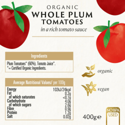 Biona Organic Whole Plum Peeled Tomatoes 400g, Pack Of 12 Biona Organic Whole Plum Peeled Tomatoes 400g, Pack Of 12