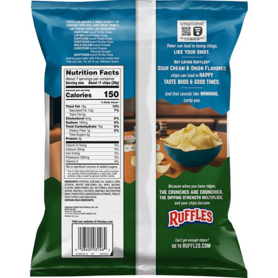 Ruffles Sour Cream & Onion Flavored Potato Chips 6.5 OZ (184g) 