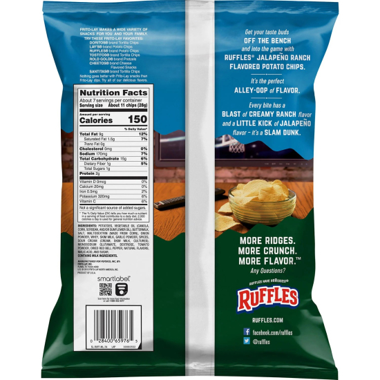 Rufflles Jalapeno Ranch Flavored Potato Chips 6.5 Oz (184g)