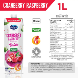 Ocean Spray Cranberry Raspberry Mixed Fruit Drink No Sugar Added, Contains Vitamin C 1 Litre