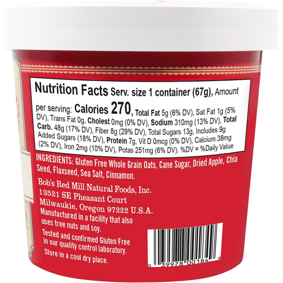 Bob's Red Mill Gluten Free Oatmeal Cup Apple Cinnamon With Flax & Chia, Non-GMO 2.36 Oz (67g)