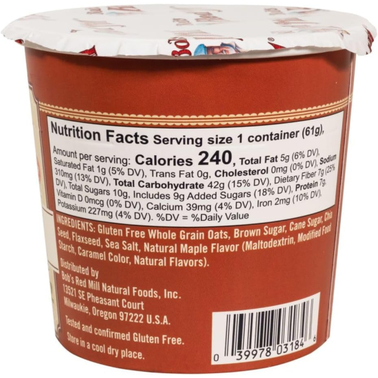 Bob's Red Mill Gluten Free Oatmeal Cup-Brown Sugar & Maple With Flax & Chia, Non-GMO 2.15 Oz (61g), Pack Of 12