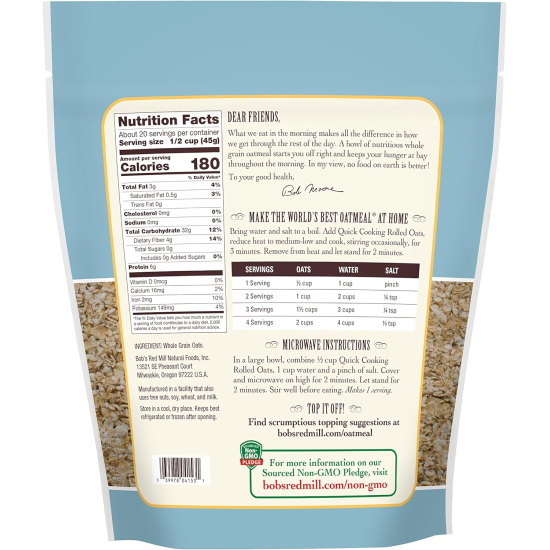 Bob's Red Mill Rolled Oats Quick Cooking, Whole Grain, Non-GMO 907g, Pack Of 8
