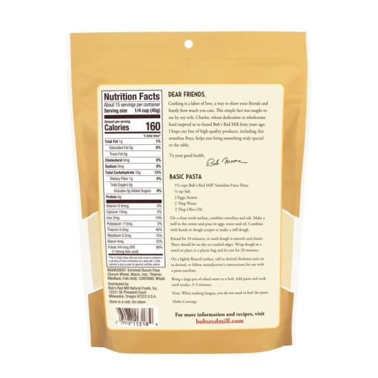 Bob's Red Mill Semolina Flour N0.1 Durum Wheat, Gluten Free, 680g