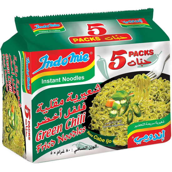 Indomie Instant Fried Noodles, Green Chilli Flavour (Pack of 5 - 80 g Each)