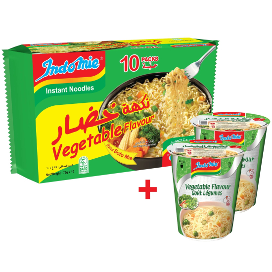 Indomie Soto Instant Noodles, Vegetable Flavour  (Pack of 10- 75 g Each) + 2 Cups of Indomie