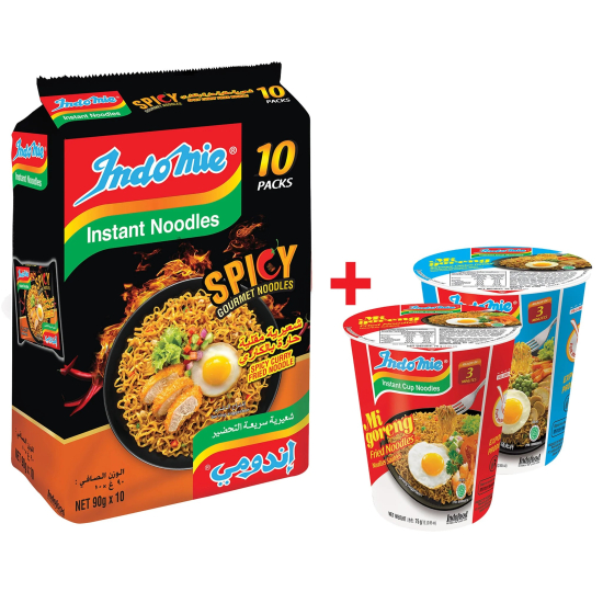 Indomie Instant Fried Noodles, Spicy Curry Flavour (Pack of 10 - 90 g Each) + 2 Indomie Cups Mixed Fried
