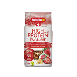 Familia High Protein, Strawberries & Vanilla, Low Sugar, 22% Protein, Vegan 350g Pack Of 6 Familia High Protein, Strawberries & Vanilla, Low Sugar, 22% Protein, Vegan 350g Pack Of 6