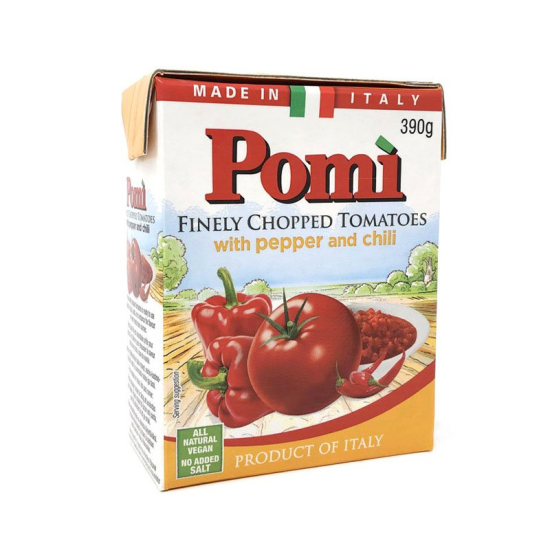Pomi Finely Chopped Tomatoes With Pepper & Chili 390g