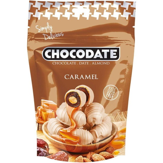 Chocodate Caramel | Exquisite Bite Sized Delicacy | Handmade Treat - Rich Silky Chocolate - Velvety Arabian Date - Golden Roasted Almond - Perfect Snacking - 230g, Pack Of 6