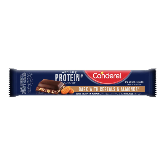 Canderel Dark Chocolate with Whey Protein, Cereals & Almonds, 0% Added Sugar, 27g, Pack Of 12