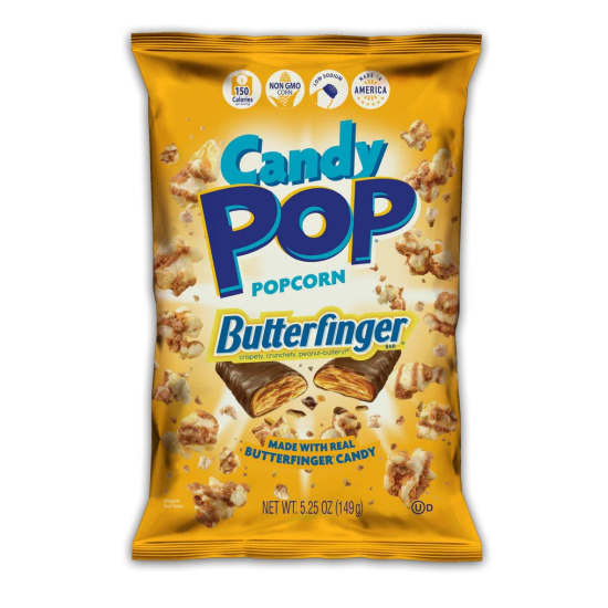 Candy Pop Popcorn Butterfinger, Made with Real Butterfinger Candy, Low Sodium, 150 Cal, Non GMO ,5.25OZ (149g), Pack Of 6
