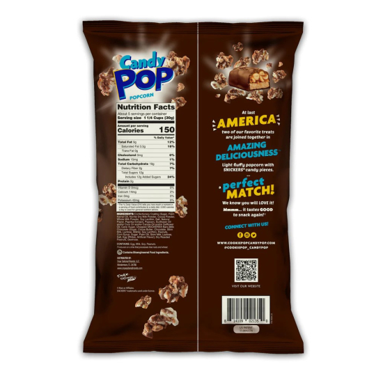 Candy Pop Popcorn Snickers, Made with Snicker Candy, Low Sodium, 150 Cal, Non GMO ,5.25OZ (149g), Pack Of 6