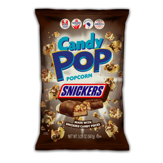 Candy Pop Popcorn Snickers, Made with Snicker Candy, Low Sodium, 150 Cal, Non GMO ,5.25OZ (149g), Pack Of 6