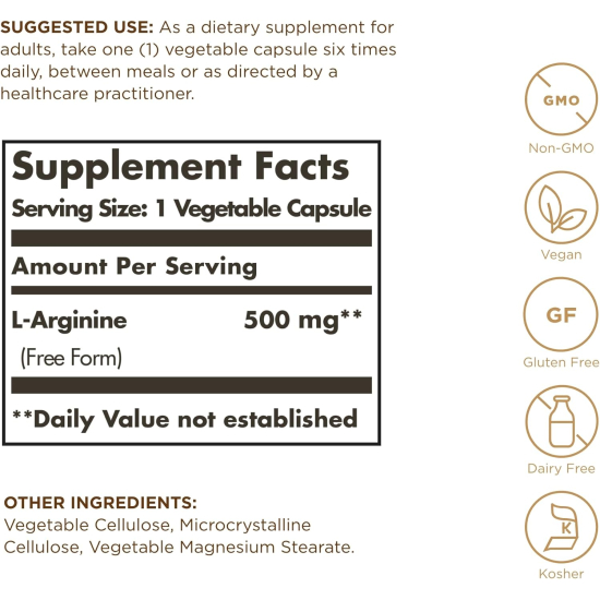 Solgar L-Arginine 500 mg 100 Vegetable Capsules