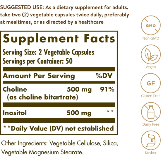 Solgar Choline/Inositol 500mg/500 mg 100 Vegetable Capsules