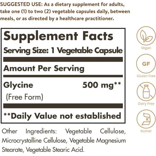 Solgar Glycine 500 mg 100 Vegetable Capsules
