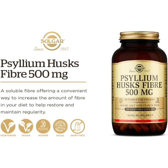 Solgar Psyllium Husks Fiber 500mg 200 Vegetable Capsules