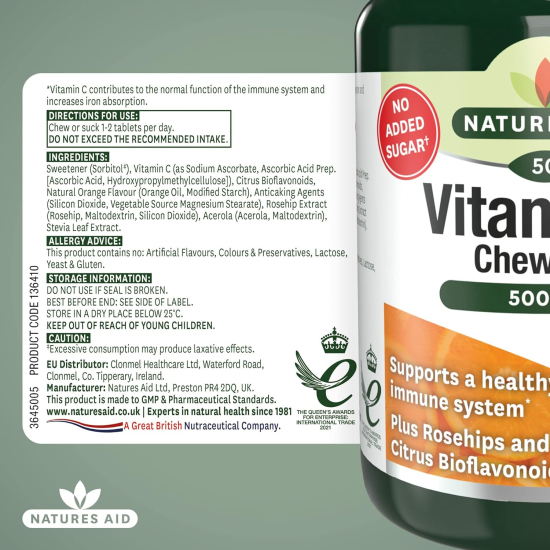 Natures Aid Vitamin C 500mg Sugar Free Chewable 50 Tablets 