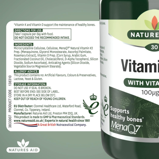 Natures Aid Vitamin K2 100Ug With Vitamin D3 30 Vegetable Capsules