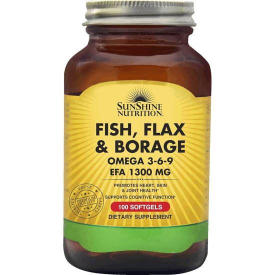 Sunshine Nutrition Fish Flax & Borage Omega 3 6 9 EPA 1300mg 100 Softgels