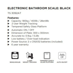 Trister Electronic Bathroom Scale Black 180Kg TS-3092AT Trister Electronic Bathroom Scale Black 180Kg TS-3092AT