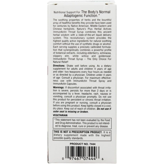 Natures Plus Herbal Actives Immun Actin Throat Syrup 4 Oz